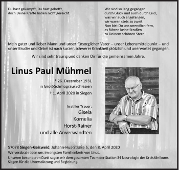Traueranzeige von Linus Paul Mühmel von Siegener Zeitung