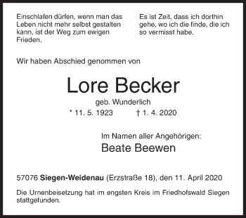 Traueranzeige von Lore Becker von Siegener Zeitung