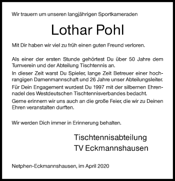 Traueranzeige von Lothar Pohl von Siegener Zeitung