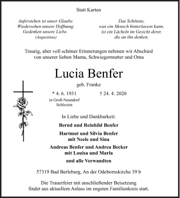 Traueranzeige von Lucia Benfer von Siegener Zeitung