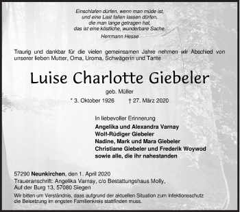 Traueranzeige von Luise Charlotte Giebeler von Siegener Zeitung