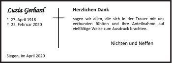 Traueranzeige von Luzia Gerhard von Siegener Zeitung