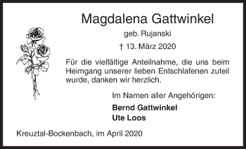 Traueranzeige von Magdalena Gattwinkel von Siegener Zeitung