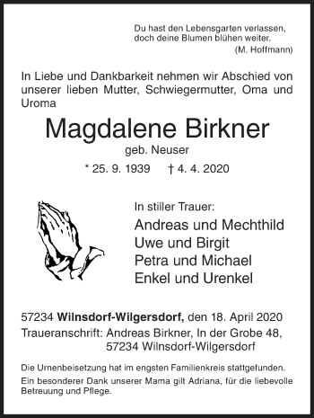 Traueranzeige von Magdalene Birkner von Siegener Zeitung