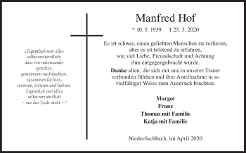 Traueranzeige von Manfred Hof von Siegener Zeitung