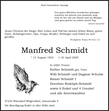 Traueranzeige von Manfred Schmidt von Siegener Zeitung