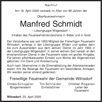 Traueranzeige von Manfred Schmidt von Siegener Zeitung