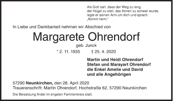 Traueranzeige von Margarete Ohrendorf von Siegener Zeitung