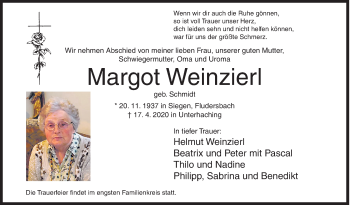 Traueranzeige von Margot Weinzierl von Siegener Zeitung