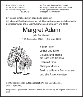 Traueranzeige von Margret Adam von Siegener Zeitung
