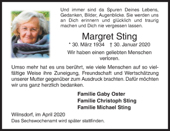 Traueranzeige von Margret Sting von Siegener Zeitung