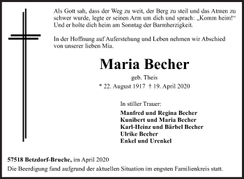 Traueranzeige von Maria Becher von Siegener Zeitung