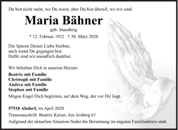Traueranzeige von Maria Bähner von Siegener Zeitung