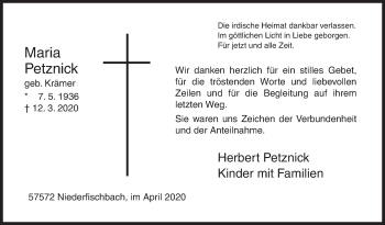 Traueranzeige von Maria Petznick von Siegener Zeitung