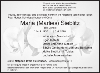 Traueranzeige von Maria Sieblitz von Siegener Zeitung