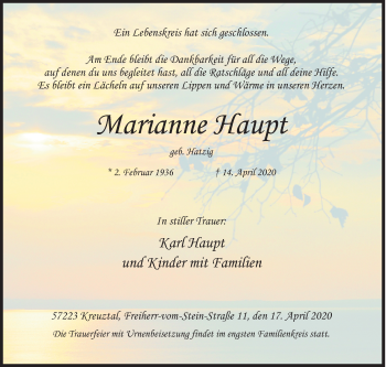 Traueranzeige von Marianne Haupt von Siegener Zeitung
