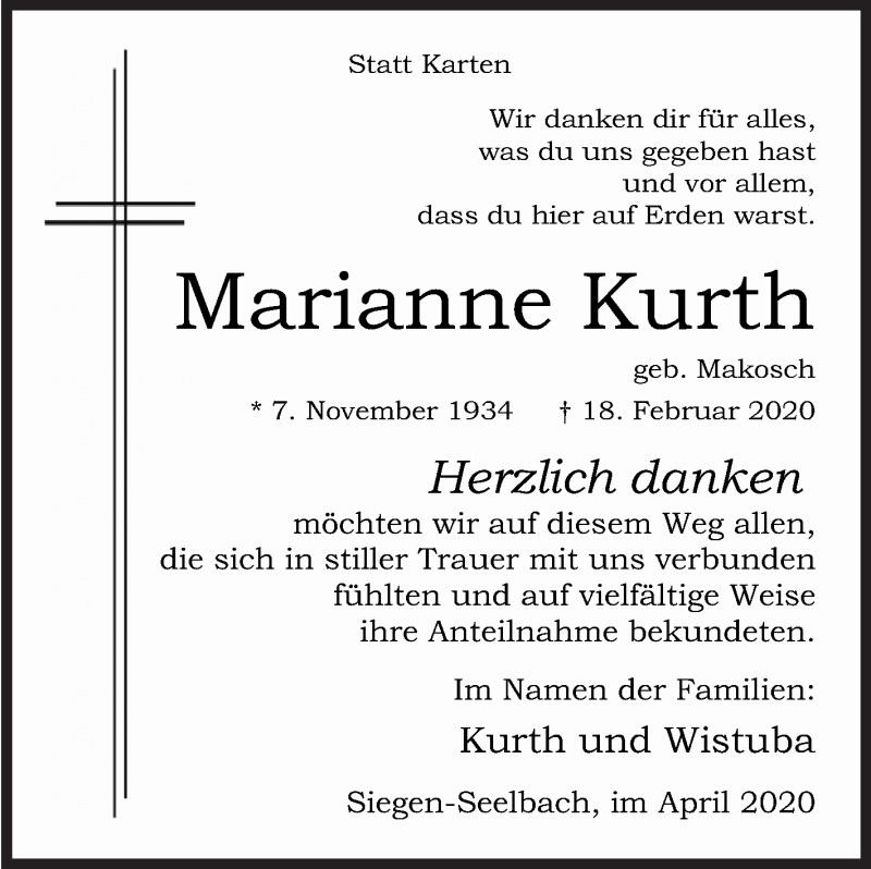  Traueranzeige für Marianne Kurth vom 14.04.2020 aus Siegener Zeitung