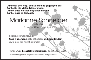 Traueranzeige von Marianne  Schneider von Siegener Zeitung