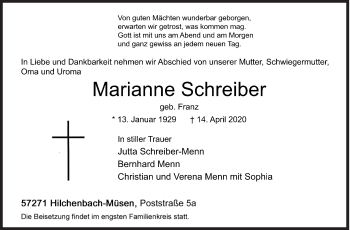 Traueranzeige von Marianne Schreiber von Siegener Zeitung