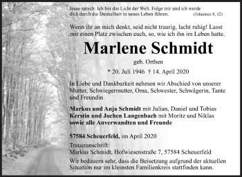 Traueranzeige von Marlene Schmidt von Siegener Zeitung