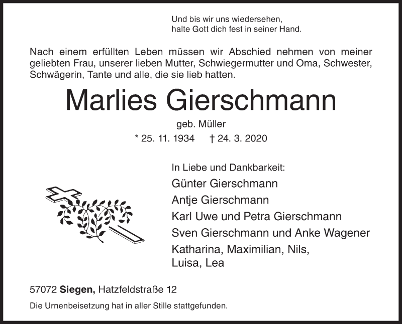  Traueranzeige für Marlies Gierschmann vom 01.04.2020 aus Siegener Zeitung