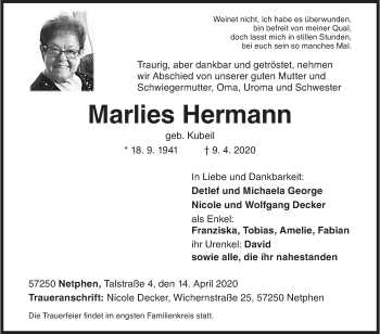 Traueranzeige von Marlies Hermann von Siegener Zeitung
