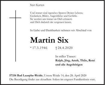 Traueranzeige von Martin Six von Siegener Zeitung