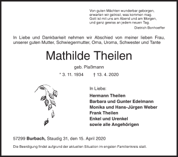 Traueranzeige von Mathilde Theilen von Siegener Zeitung