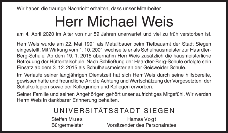  Traueranzeige für Michael Weis vom 11.04.2020 aus Siegener Zeitung