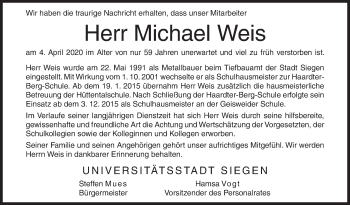 Traueranzeige von Michael Weis von Siegener Zeitung