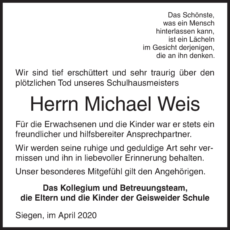  Traueranzeige für Michael Weis vom 15.04.2020 aus Siegener Zeitung