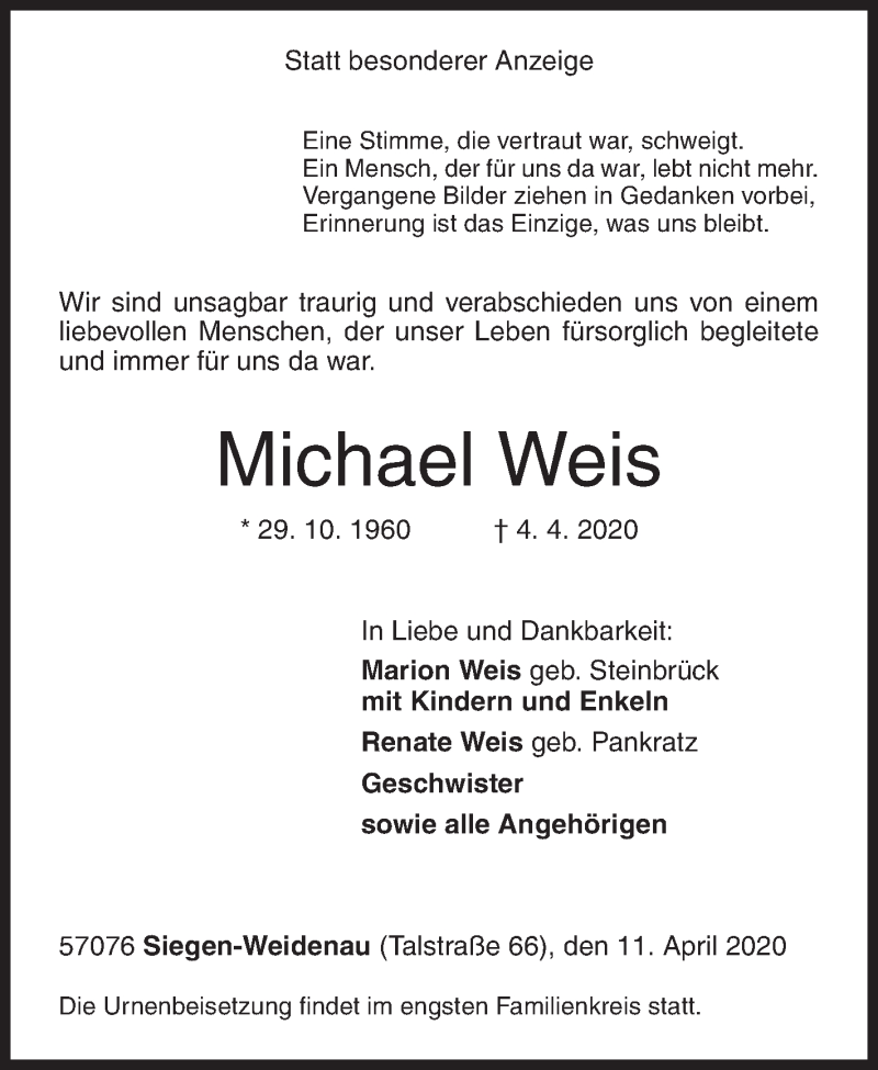  Traueranzeige für Michael Weis vom 11.04.2020 aus Siegener Zeitung