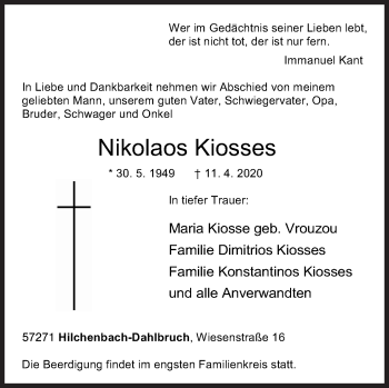 Traueranzeige von Nikolaos Kiosses von Siegener Zeitung
