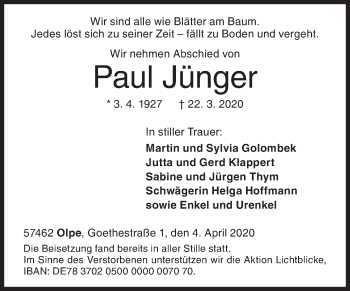 Traueranzeige von Paul Jünger von Siegener Zeitung