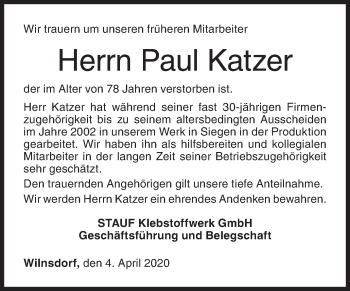 Traueranzeige von Paul Katzer von Siegener Zeitung