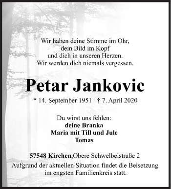 Traueranzeige von Petar Jankovic von Siegener Zeitung