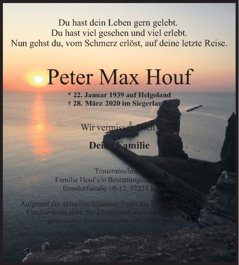  Traueranzeige für Peter Max Houf vom 04.04.2020 aus Siegener Zeitung