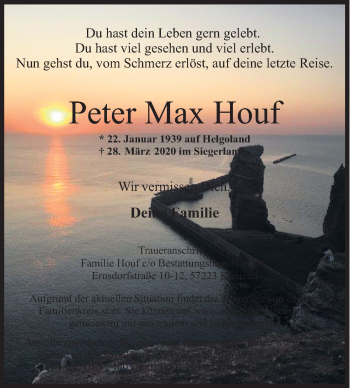 Traueranzeige von Peter Max Houf von Siegener Zeitung