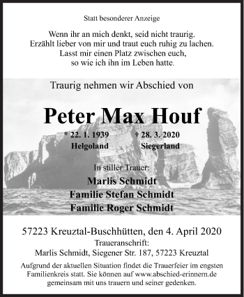 Traueranzeige von Peter Max Houf von Siegener Zeitung