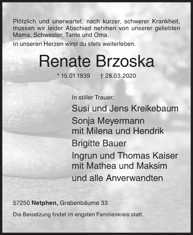  Traueranzeige für Renate Brzoska vom 04.04.2020 aus Siegener Zeitung