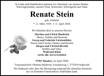 Traueranzeige von Renate Stein von Siegener Zeitung