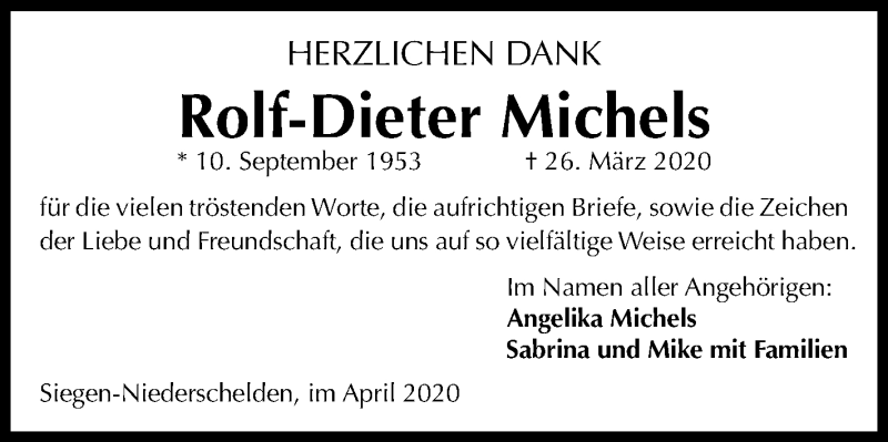  Traueranzeige für Rolf-Dieter Michels vom 25.04.2020 aus Siegener Zeitung