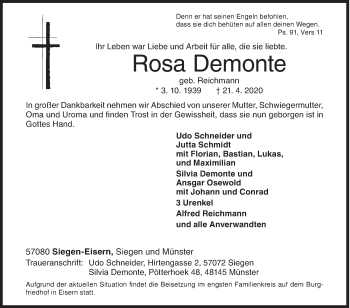 Traueranzeige von Rosa Demonte von Siegener Zeitung