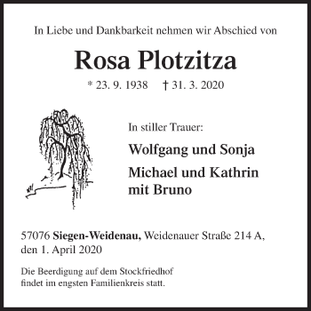 Traueranzeige von Rosa Plotzitza von Siegener Zeitung