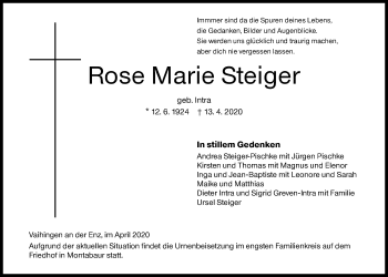 Traueranzeige von Rose Marie Steiger von Siegener Zeitung
