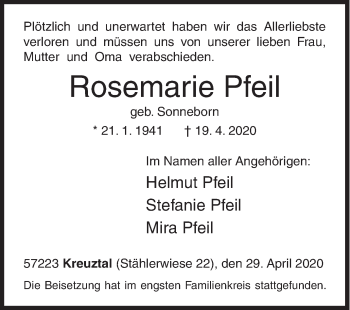 Traueranzeige von Rosemarie Pfeil von Siegener Zeitung