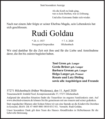 Traueranzeige von Rudi Goldau von Siegener Zeitung