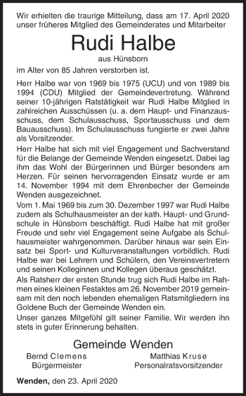 Traueranzeige von Rudi Halbe von Siegener Zeitung