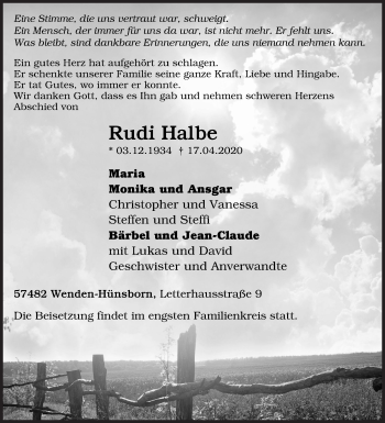 Traueranzeige von Rudi Halbe von Siegener Zeitung