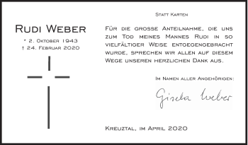 Traueranzeige von Rudi Weber von Siegener Zeitung